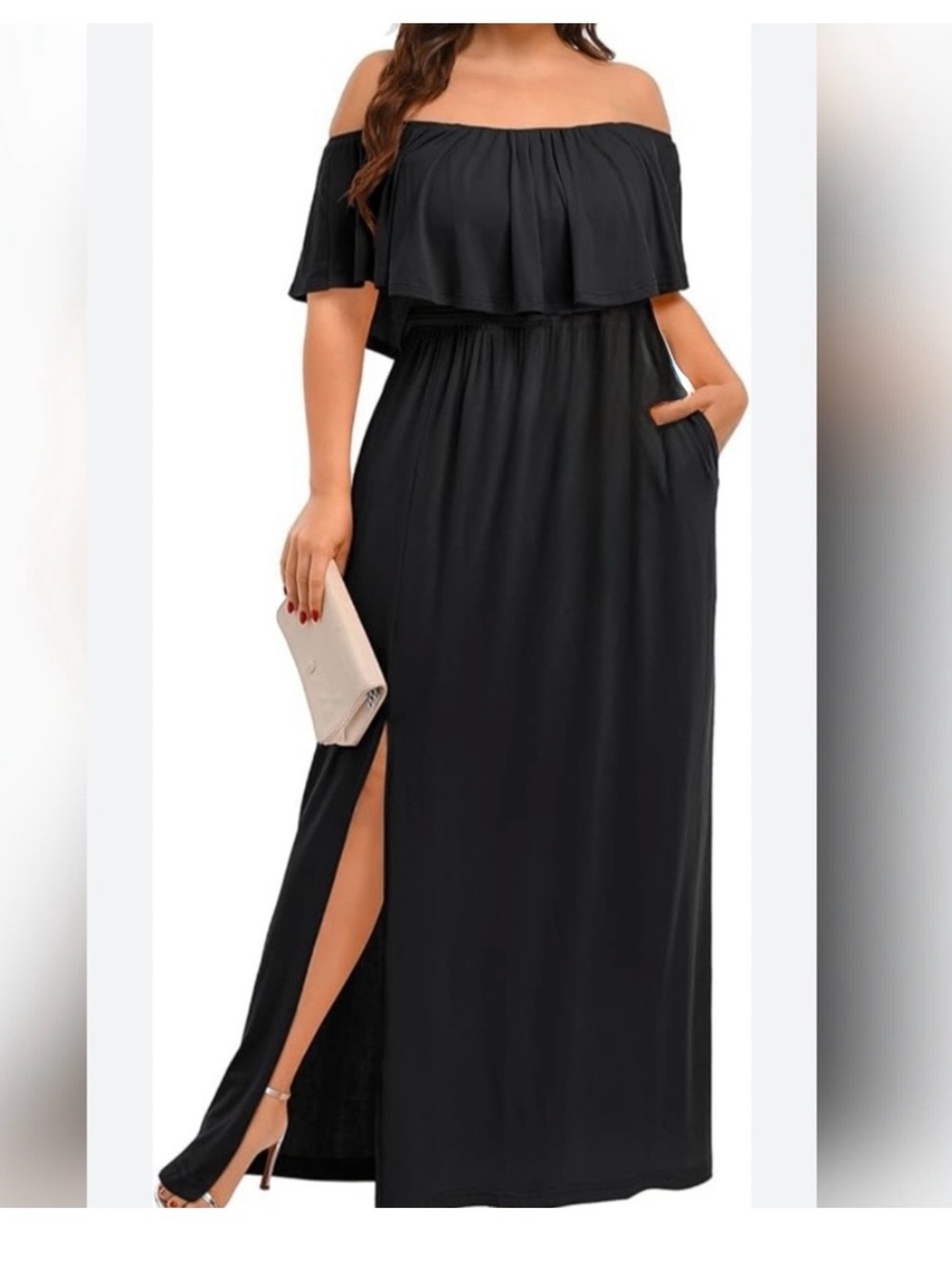 Ruffle Top Dress Black Size 1X Off the Shoulder Side Slit Elastic Waist